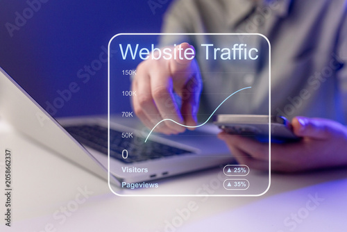 Metrics show increase in website traffic as a person uses a laptop and mobile device in a workspace during evening hours