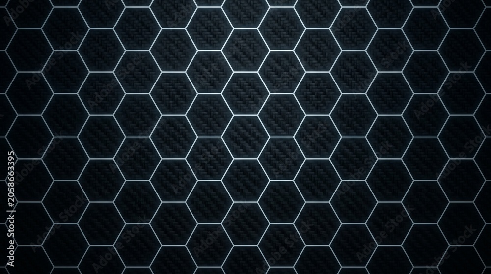 Fototapeta premium Abstract dark carbon fiber background with glowing blue hexagonal grid pattern