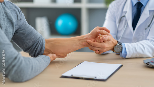 Doctor holding patients hand showing empathy and care during consultation.
