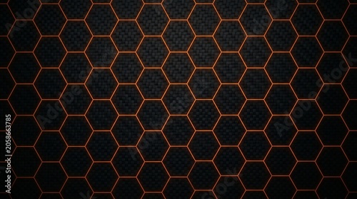 Abstract dark background with glowing orange neon hexagon grid pattern, futuristic honeycomb texture, digital technology design wallpaper