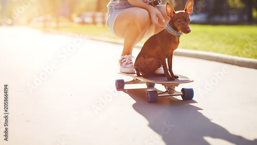 Dog Riding Skateboard with Owner in Sunny Park.