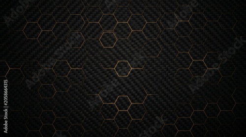 Abstract dark carbon fiber background with golden glowing hexagonal pattern
