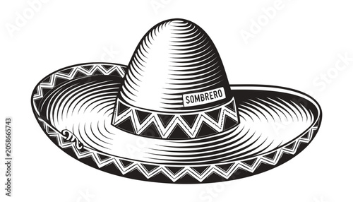 Foto Very beautiful black-and-white engraved vector illustration featuring SOMBRERO w