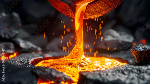 Molten metal flowing from crucible over rocky surface