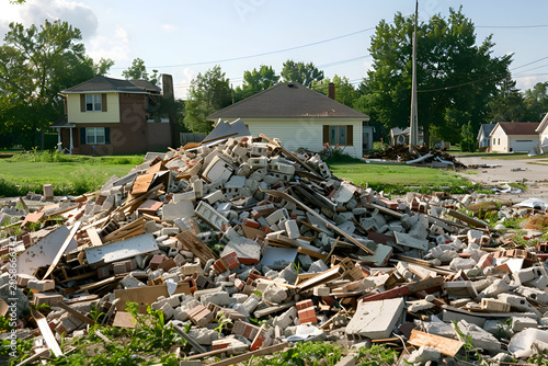 Large rubble pile of bricks and blocks on suburban street