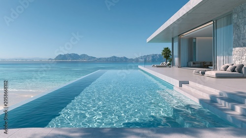 Luxury infinity pool merges with azure sea against a mountainous background, showcasing modern coastal architecture and leisure.