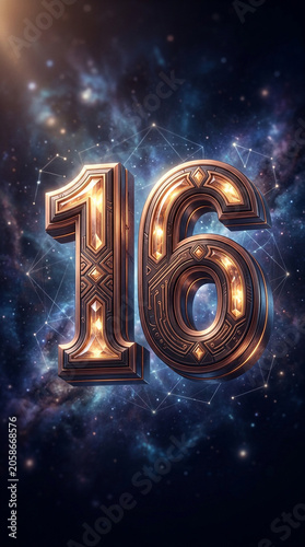 Luxurious 3D metallic number sixteen illuminated against a deep space background with constellations