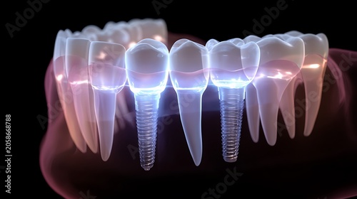 A futuristic dental implant process with a soft glowing effect
