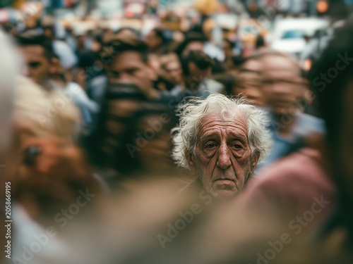 Elderly man standing still, busy blurred city crowd, sense of isolation and urban solitude