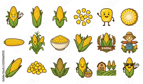 Corn Farming Icon Collection Featuring Maize Harvest Agricultural Elements and Cartoon Farm Symbols