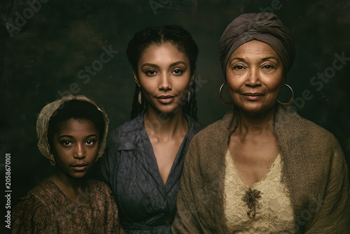 Three generations of Black women, historical attire, dark textured background, somber dignified expressions