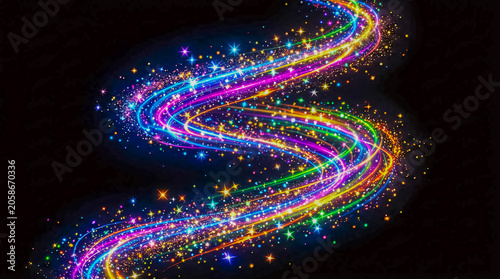 Magic Rainbow Light Trail With Sparkling Stars and Colorful Abstract Celebration Background
