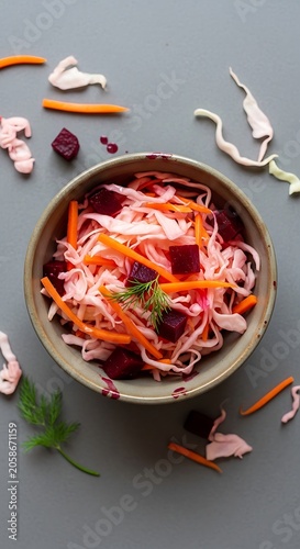 Colorful Pickled Cabbage and Carrot Salad Arranged in Ceramic Bowl on Gray Table
