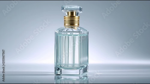 A photograph of luxury cosmetic products; beautiful perfume bottles reflected against a white background.