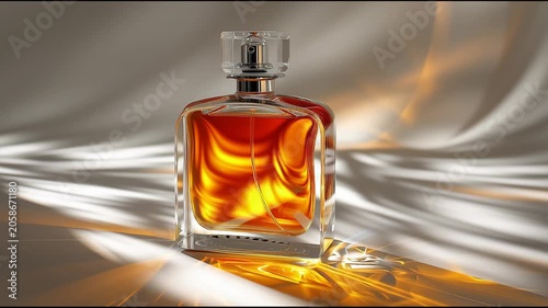 A photograph of luxury cosmetic products; beautiful perfume bottles reflected against a white background.