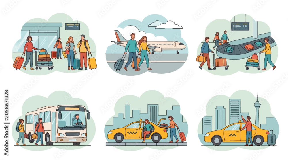 Fototapeta premium Vector illustrations depicting people traveling by plane, bus, and taxi, showcasing various travel scenarios at airports, stations, and city streets