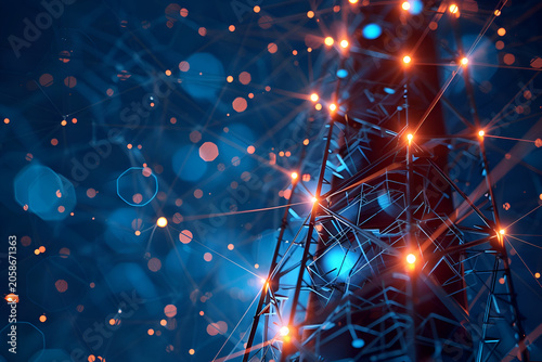 Telecom tower illuminated with glowing network nodes closeup