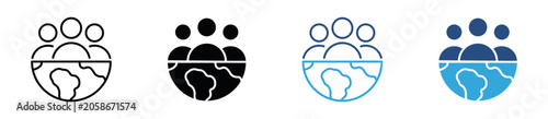 Community Globe Icon Set. Global Network, Social Connection and Worldwide Community Icons. Vector Illustration.