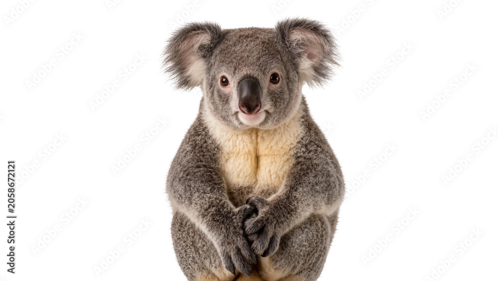 Fototapeta premium Fluffy grey koala with cream chest sitting with paws crossed, isolated on transparent background