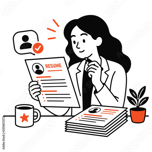 Foto Woman HR recruiter reviewing candidate resumes at a desk with coffee and plants