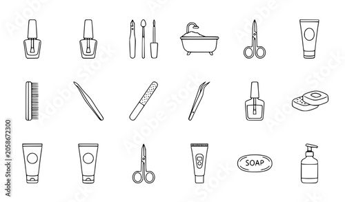 Schilderij op canvas Nail care and spa outline icon collection with manicure pedicure tools