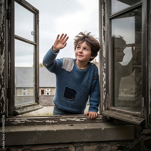 Curious Young Boy Waving Through Open Weathered Window in Old Stone Building