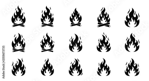 Collection of black silhouette icons of various campfire and bonfire flame designs with logs on white background.