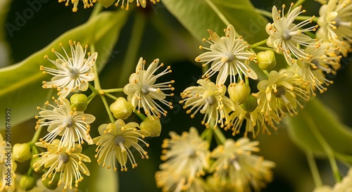 Delicate Cream Linden Flowers Blooming on Green Branch in Sunlit Garden