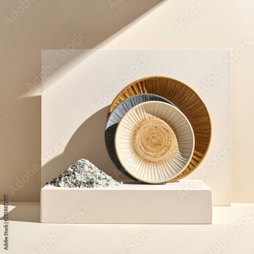 Artistic Still Life Composition of Ceramic Plates and Textured Material.