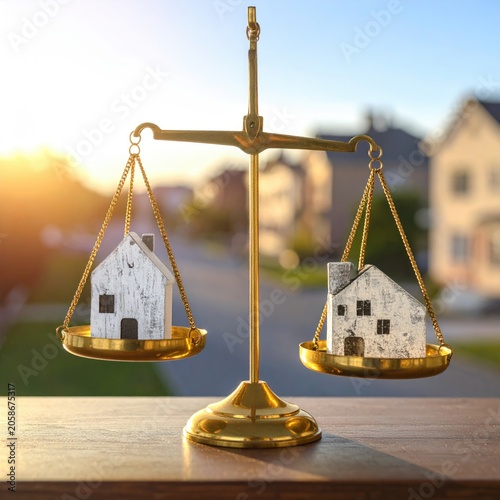 Real Estate Weighing Scale Balancing Two Houses Symbolizing Property Value Comparison.