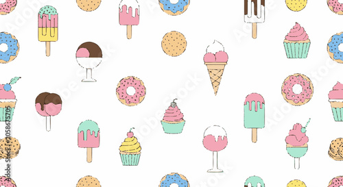 Hand-drawn repeating pattern of pastel desserts featuring donuts popsi