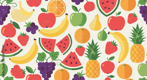 Hand-drawn flat graphic seamless pattern illustrating a colorful assor