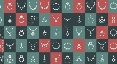Hand-drawn flat graphic seamless pattern of white outline jewelry icon