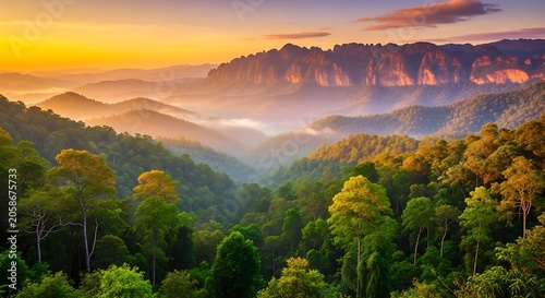 Lush Green Forest Valley Glowing at Sunrise Below Rugged Mountain Cliffs