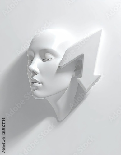 Abstract Sculpture of a White Humanoid Head with Arrow Element.