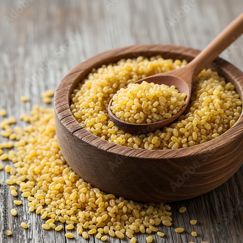 Raw Yellow Lentil Grains Arranged in Wooden Bowl on Rustic Table