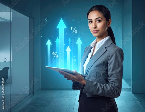 Businesswoman holding tablet with rising financial graph and arrows symbolizing growth.