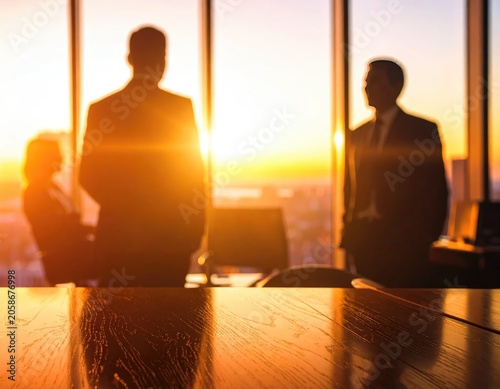 Silhouettes of businessmen in suits standing in a modern office at sunset.