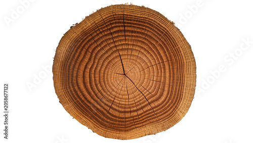 Quadro su tela Detailed cross-section of a rough oak tree trunk with visible growth rings, isol