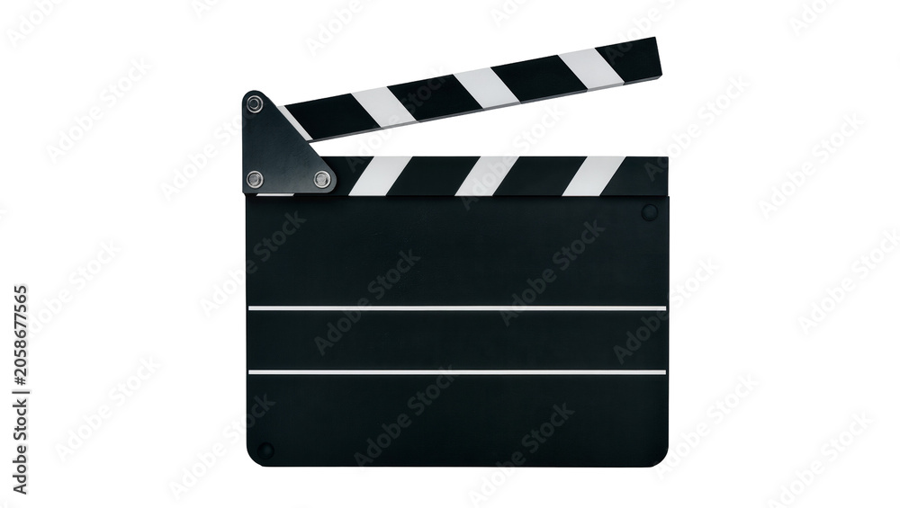 Fototapeta premium Black movie clapperboard with white stripes, isolated on transparent background