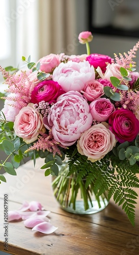 Elegant Pink Peony and Rose Bouquet Arranged in Glass Vase on Wooden Table