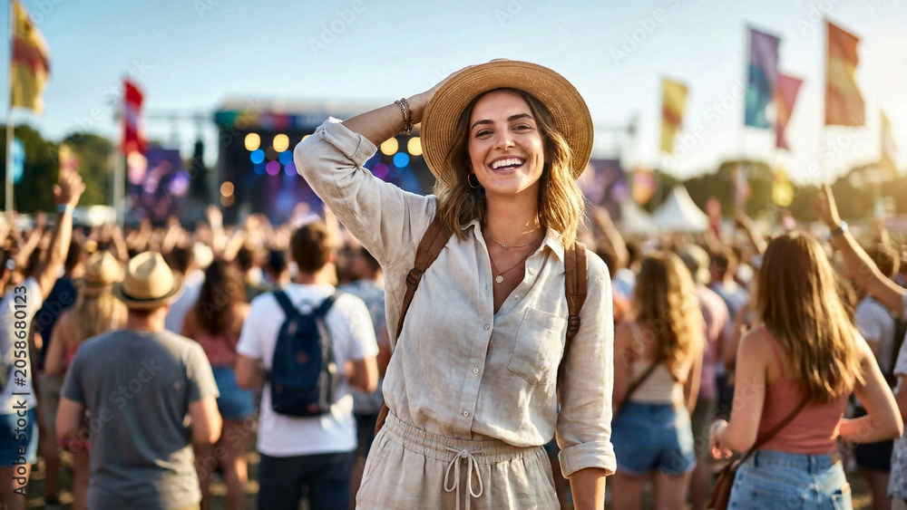 Fototapeta premium Woman in Hat Smiling at Concert