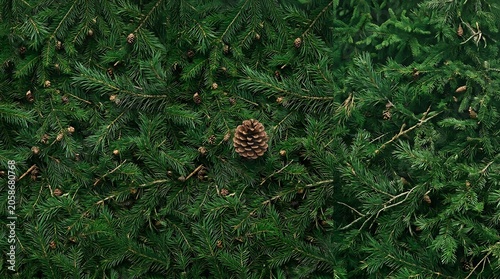 Dense Green Evergreen Branches with Pine Cone Arranged As Natural Forest Background