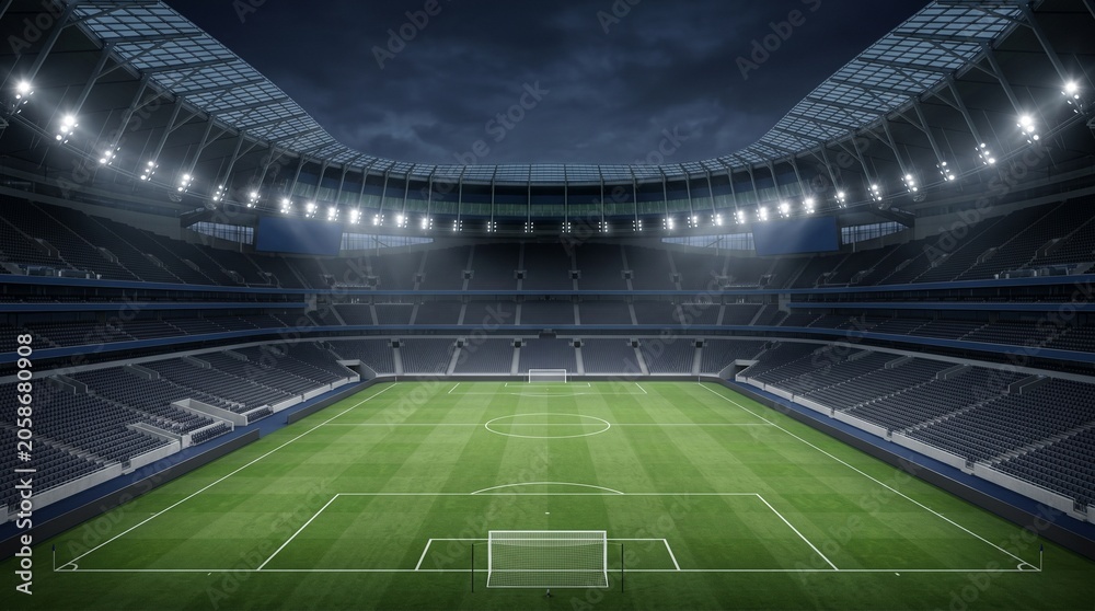 Fototapeta premium Front View Soccer Stadium Field with Bright Floodlights Background
