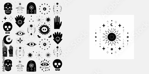 Bild auf Leinwand Occult Symbols And Mystical Elements Black Vector Illustration On White Backgrou