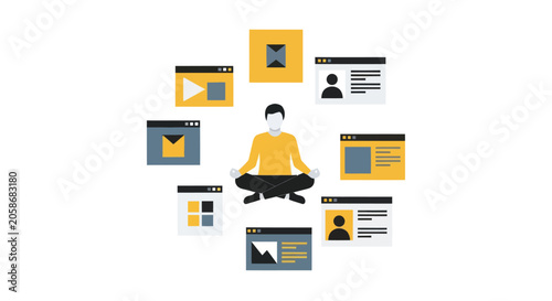 Person meditating surrounded by social media app icons.