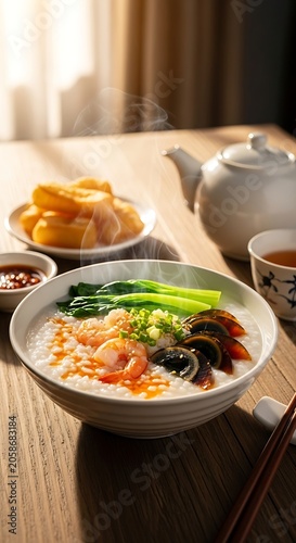 Steaming Seafood Congee Served with Tea on Sunlit Wooden Table