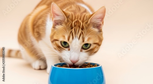 Orange and White Cat Eating Dry Food From Blue Bowl Indoors