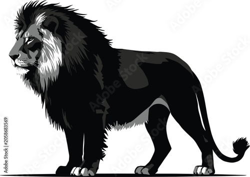 Lion illustration black white stylized standing mane strength animal wildlife art design concept