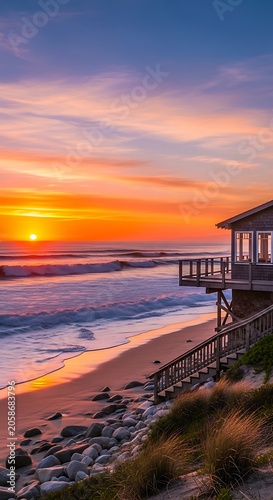 Coastal Beach House Overlooking Ocean Waves at Colorful Sunset